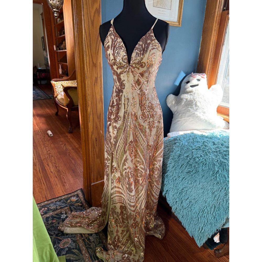 Windsor Rose Gold Sequin Double Slit Formal Gown Maxi Dress V-Neck Prom Gala SM - Picture 2 of 14